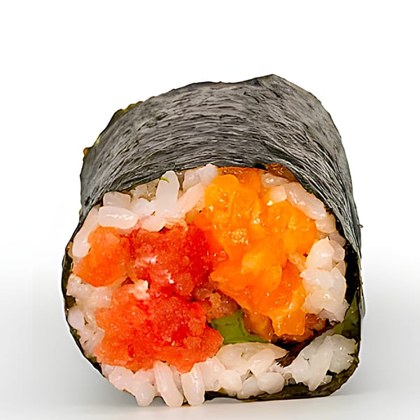 Close-up of a Poke Pub hand roll with rice, red and orange fish, and nori.