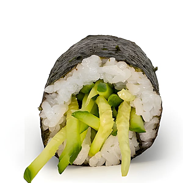 A close-up of a Poke Pub sushi roll with rice and green cucumber strips spilling out.