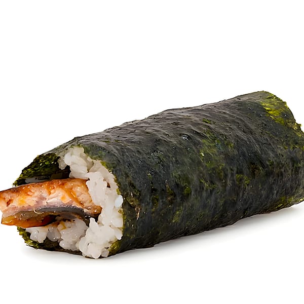 A Poke Pub hand roll with rice and eel wrapped in dark green nori, on a white background.