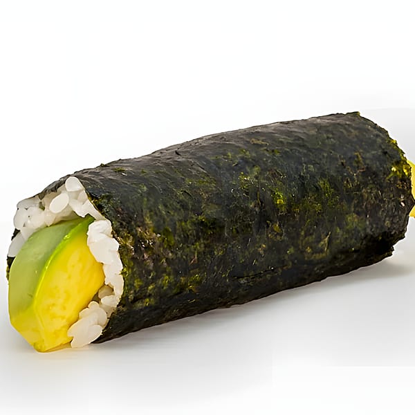 Poke Pub's poke hand roll with rice and avocado wrapped in nori, on a white background.