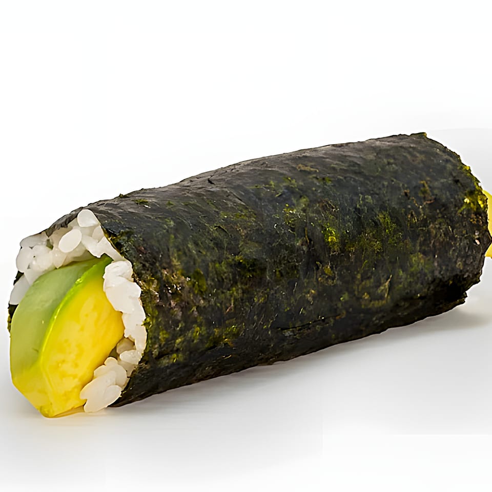 Poke Pub's poke hand roll with rice and avocado wrapped in nori, on a white background.