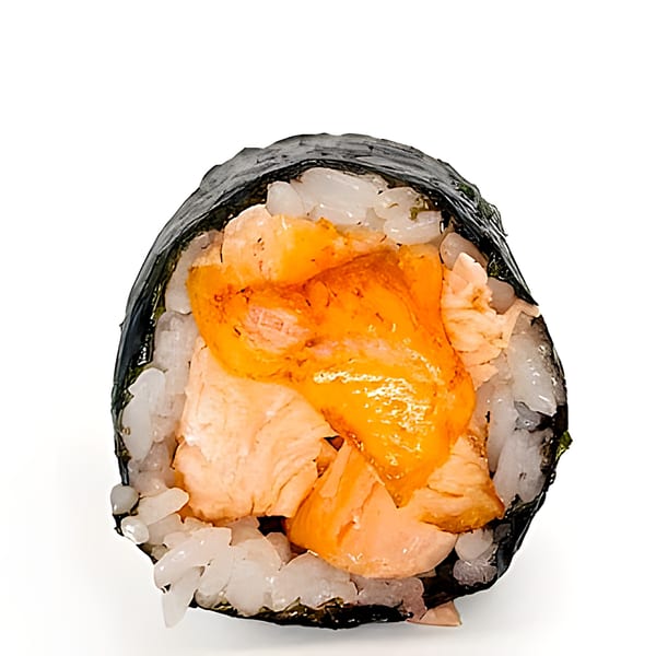 A single piece of Poke Pub sushi with rice, salmon, and orange sauce wrapped in nori.
